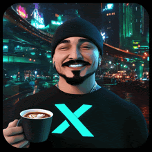 a man wearing a black shirt with a blue x on it is smiling and holding a cup of coffee