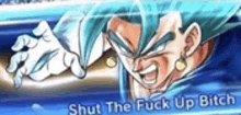 a picture of a dragon ball z character with the words `` shut the fuck up bitch '' on it .