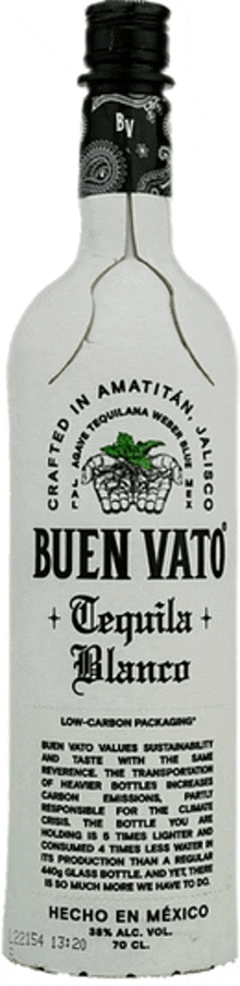 a bottle of buen vato tequila blanco has a black top