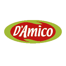 a green and red logo for d'amico with a white border