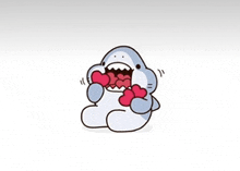 a cartoon of a shark holding two red hearts in its mouth