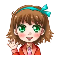 a cartoon girl with brown hair and green eyes is waving