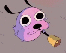 courage the cowardly dog is holding a bell in its mouth .