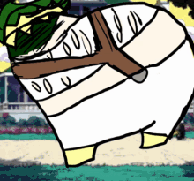 a drawing of a person with a green hat and a white shirt