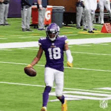 a football player in a purple uniform is running on a field with a ball .