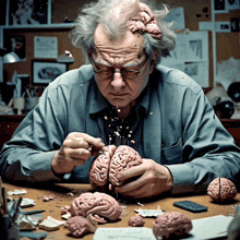 a man is working on a brain with pins in it