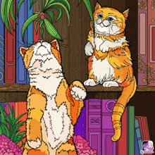 two cats are sitting on a bookshelf and one is holding a plant in its paws