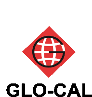 a red and black logo for glo-cal with a globe