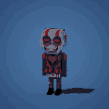 a pixel art of an ant man with red eyes