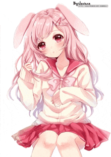 a girl with pink hair and bunny ears is wearing a pink skirt