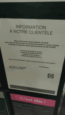 a sign that says information a notre clientele in french