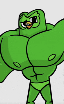 a cartoon of a green bird with big muscles and a yellow beak