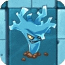 a cartoon ice monster is standing in the dirt in front of a blue wall .