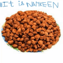 a pile of fried chickpeas on a plate with the words `` it is namkeen '' written on it .