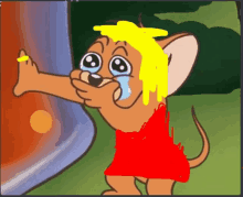 a cartoon mouse with yellow hair and a red shirt is crying