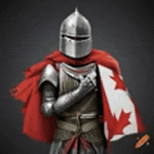 a knight in armor is holding a canadian flag and a shield .