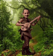 a man in a costume is holding a guitar in a forest