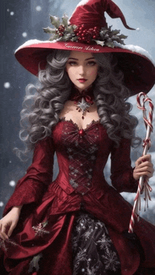 a woman in a witch costume holds a candy cane