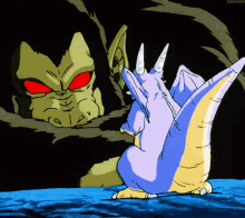 a purple monster with horns is standing in front of a giant monster with red eyes