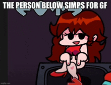 a cartoon of a woman sitting on a television with the caption " the person below simps for gf "