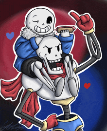 a cartoon drawing of a skeleton riding another skeleton