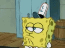 spongebob squarepants is wearing a hat with an anchor on it and making a funny face .