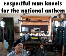 a man in a military uniform sits in front of a window with the words respectful man kneels for the national anthem