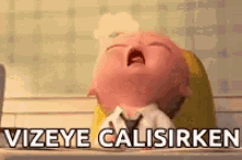 a cartoon baby is crying in a bathroom with the words vizeye calisirken written on the bottom .