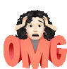 a woman with curly hair is holding her head in front of a sign that says omg .