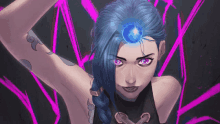 a girl with blue hair and purple eyes has a blue ball on her head