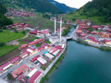 an aerial view of a small village with a mosque in the middle