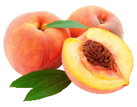 two peaches with green leaves on them and one cut in half