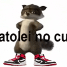 a cartoon raccoon wearing red and black nike sneakers