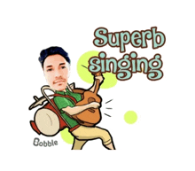 a cartoon of a man holding a drum and a guitar with the words superb singing behind him