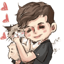 a drawing of a man holding a cat with hearts around his head