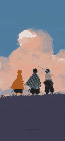 a painting of three samurai standing in front of a cloudy sky with the word easy on the bottom right