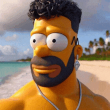 a cartoon character with a beard and curly hair is taking a selfie on the beach .