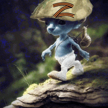 a smurf with a snail on his back is wearing a hat with the letter z on it