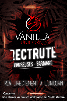 a poster for vanilla unicorn shows a red leafy background