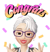 a cartoon woman with glasses and the word congrats above her head