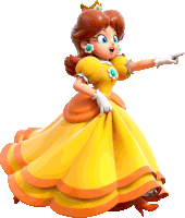 princess daisy is wearing a yellow dress and pointing to the right