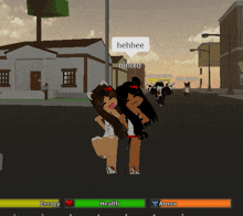 a screenshot of a video game shows two girls standing next to each other with a speech bubble saying hehhee