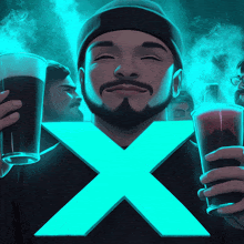 a man with a beard is holding two glasses in front of a large x