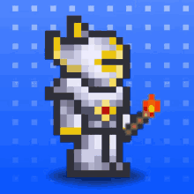 a pixel art of a knight with a torch in his hand