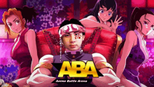 a poster for aba anime battle arena shows a man sitting in a chair