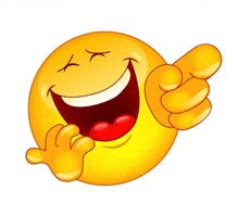 a cartoon smiley face is laughing and pointing at something .