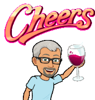 a cartoon man is holding a glass of wine in front of a cheers logo