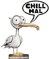 a cartoon seagull with a speech bubble saying chill mal