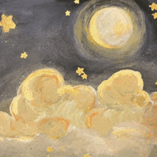 a painting of a moon and stars with clouds