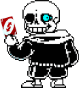 a pixel art drawing of sans holding a card .